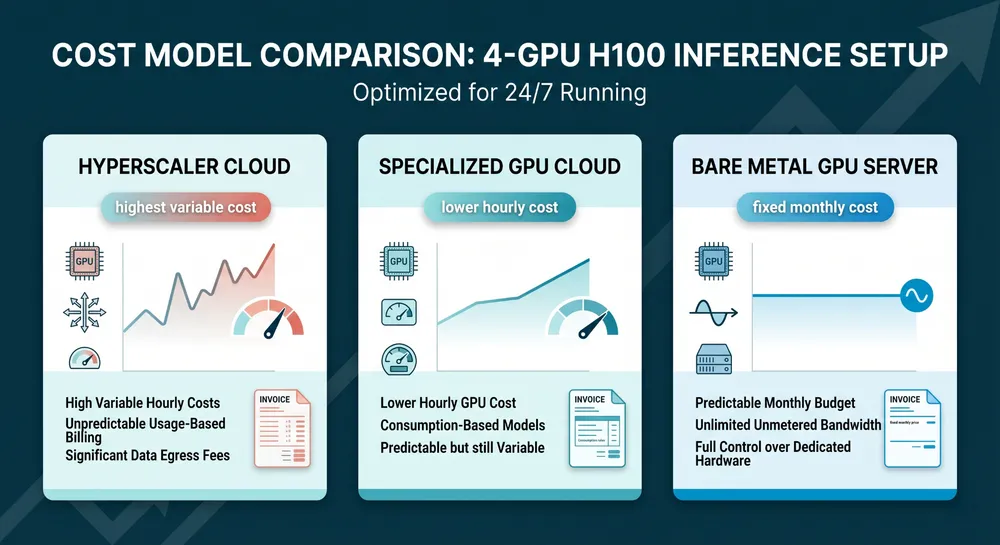 Comparison of hyperscaler cloud GPUs, specialized GPU cloud, and bare metal GPU servers for 24/7 AI inference.